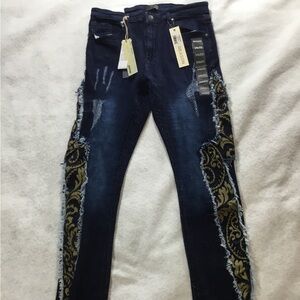 Reason Men’s Dark Blue Skinny Jeans with Gold Accents 34X32/NWT #270